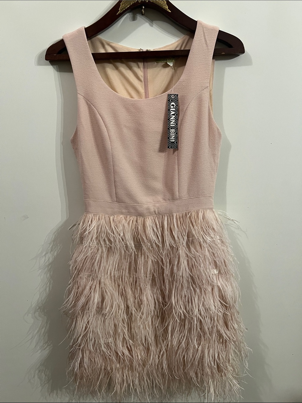 Gianni Bini Pale Pink Feather-Trim Mini Dress